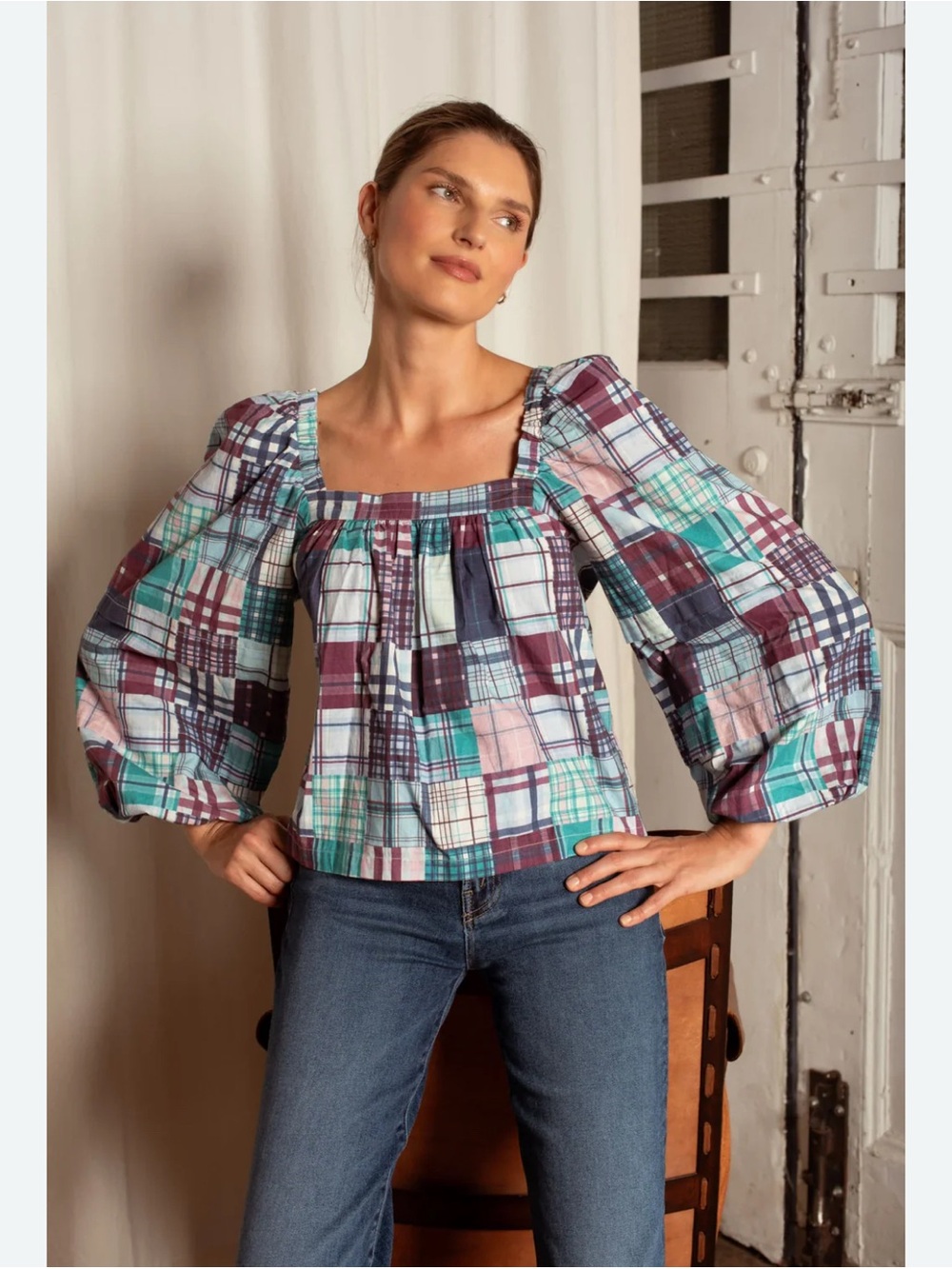 Multi-Color Plaid Square-Neck Peasant Blouse
